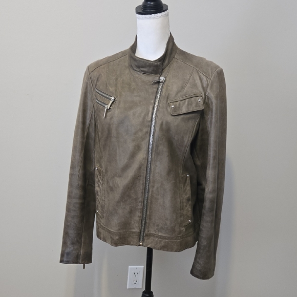 Laundry By Shelli Segal Taupe Leather Jacket - Picture 1 of 9